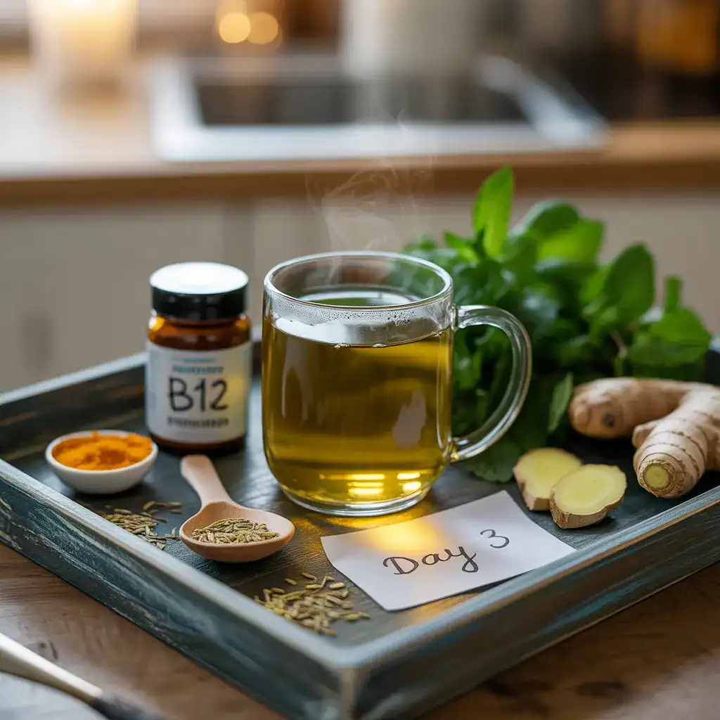 going-vegan-side-effects-week-one-herbal-tea-ginger-b12-survival-kit going vegan side effects week one survival kit with herbal tea ginger
turmeric fennel and B12 supplement bottle