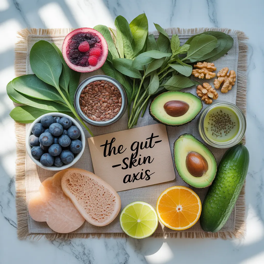 Realistic flat lay of vegan gut-skin health foods including berries, leafy greens, avocado, nuts and seeds on a marble surface with a handwritten “The Gut-Skin Axis” note, representing the connection between gut health and skin health.