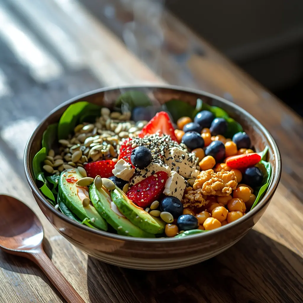 Appetizing bowl of spinach, avocado, chickpeas, pumpkin seeds, walnuts, berries, tofu, and tahini representing delicious nutrient-rich foods that help prevent vegan hair loss.