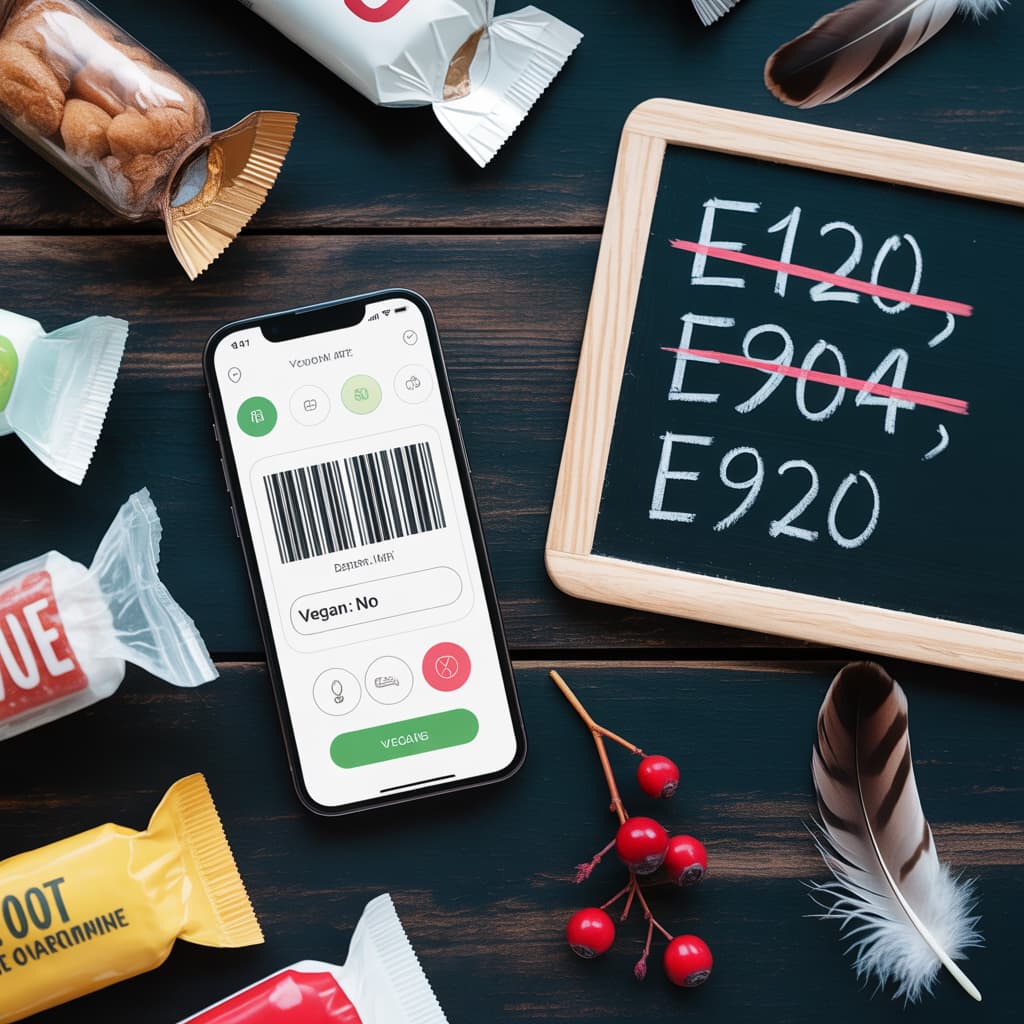 hidden-animal-ingredients-food-labels-e-numbers-codes Smartphone scanning a barcode to detect hidden animal ingredients food labels contain, surrounded by candy wrappers and a blackboard listing non-vegan E-numbers like E120 and E904.