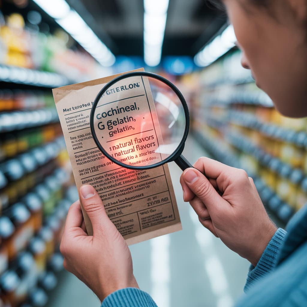 hidden-animal-ingredients-food-labels-magnifying-glass hidden animal ingredients food labels being investigated with a magnifying glass, focusing on the fine print of a packaging ingredient list to find sneaky non-vegan components