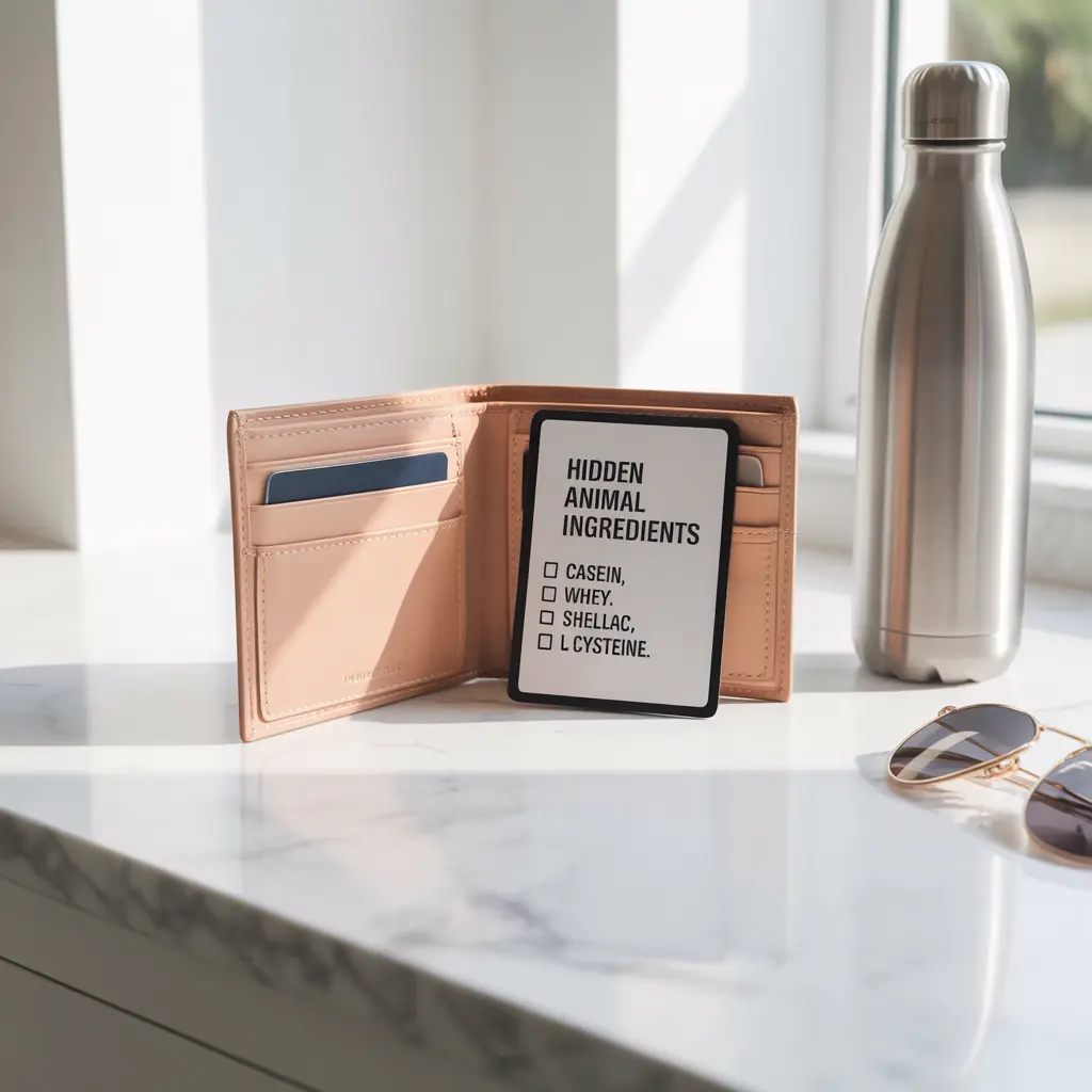 hidden-animal-ingredients-food-labels-vegan-cheat-sheet Printable vegan cheat sheet for hidden animal ingredients food labels sticking out of a leather wallet, featuring a checklist of animal-derived ingredients to avoid while grocery shopping.