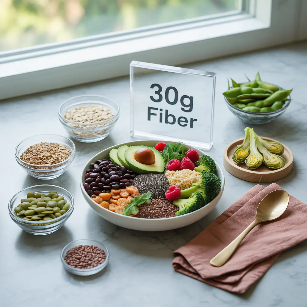 high-fiber-vegan-foods-30g-daily-guide-featured "Modern flat lay on marble with bowl of black beans, quinoa, chia, raspberries, broccoli, avocado surrounded by oats, flax, lentils, artichoke, edamame and 30g Fiber sign representing high fiber vegan diet."