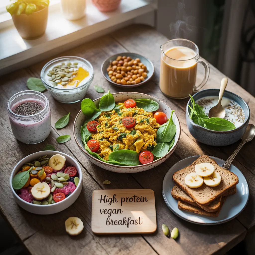 high-protein-vegan-breakfast-spread-featured-guide "Vibrant flat lay of high-protein vegan breakfast spread featuring tofu scramble, coconut yogurt with seeds, almond butter toast, chia pudding, chickpeas, nuts, and plant milk with High Protein Vegan Breakfast sign."