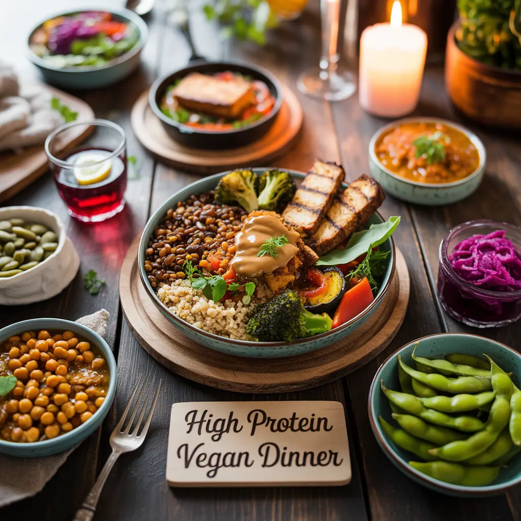 high-protein-vegan-dinner-ideas-featured-guide "Warm flat lay of high protein vegan dinner featuring lentil and quinoa bowl with roasted vegetables, grilled tempeh, tahini, plus tofu, chickpea curry, edamame, sauerkraut, and pumpkin seeds with High Protein Vegan Dinner sign."