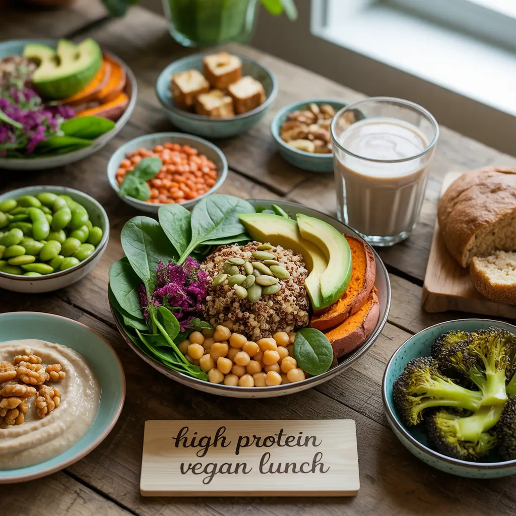 "Vibrant flat lay of high protein vegan lunch featuring quinoa bowl with chickpeas, sweet potatoes, spinach, avocado, plus tofu, lentil salad, edamame, walnuts, hummus, and plant milk with High Protein Vegan Lunch sign."