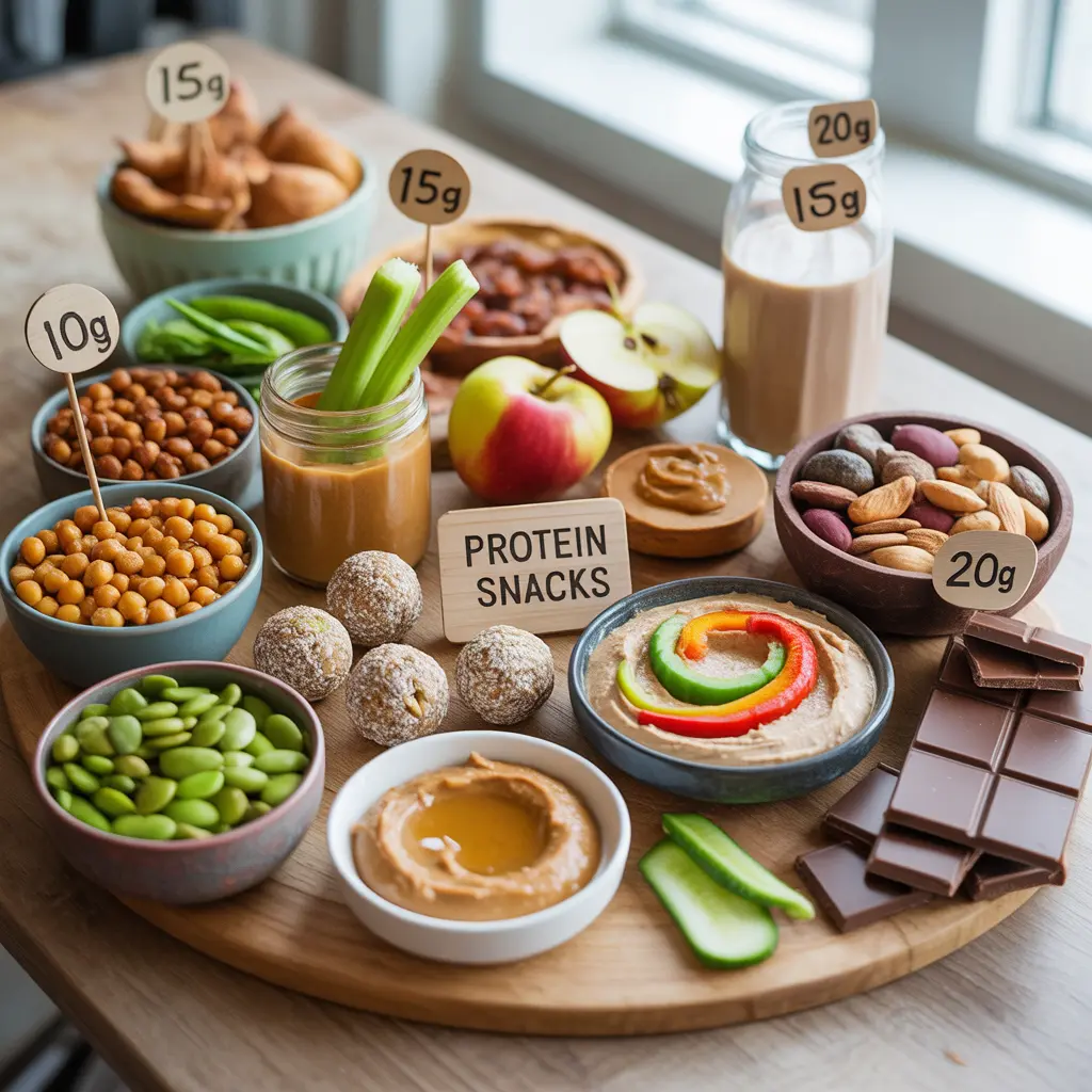 "Vibrant flat lay with wooden board of roasted chickpeas, edamame, pumpkin seeds, almond butter, apple, energy balls, hummus, nuts, plant milk, dark chocolate with protein tags 10g 15g 20g and Protein Snacks sign representing high protein vegan snacks."