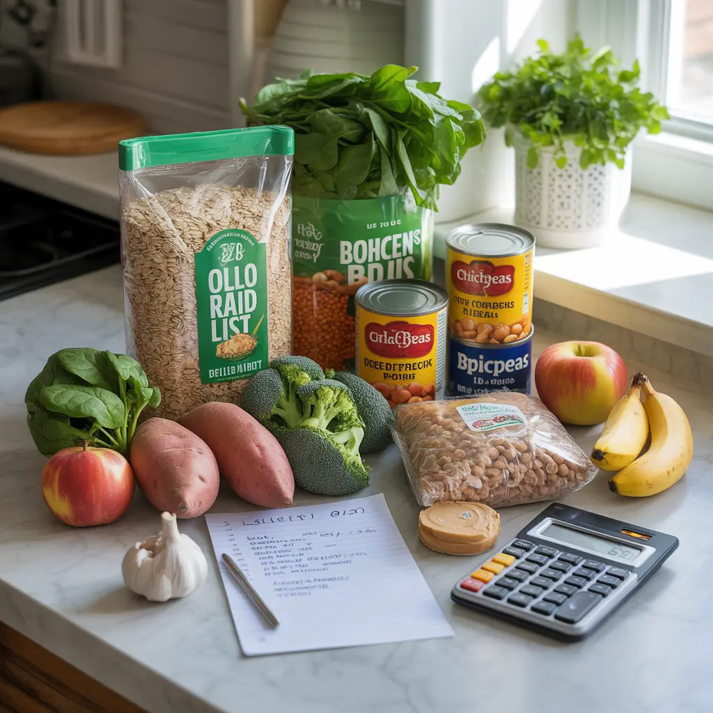 how-much-does-it-cost-to-go-vegan-per-month-30-dollar-weekly-grocery-list how much does it cost to go vegan per month 30 dollars weekly grocery list - rice beans lentils oats vegetables fruit peanut butter and bread on kitchen counter