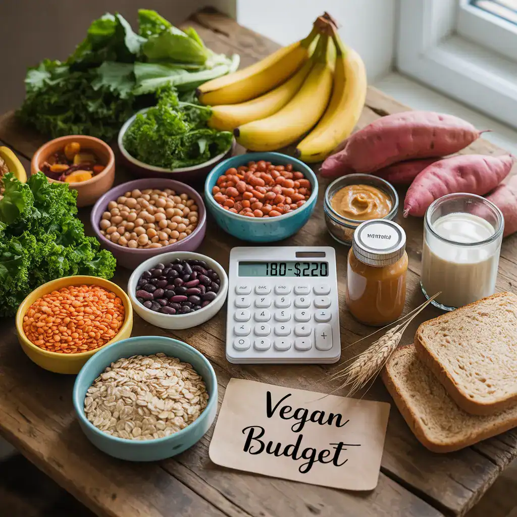 how much does it cost to go vegan per month - featured image showing calculator with 180 to 220 dollars surrounded by affordable vegan groceries lentils rice beans vegetables and fruit