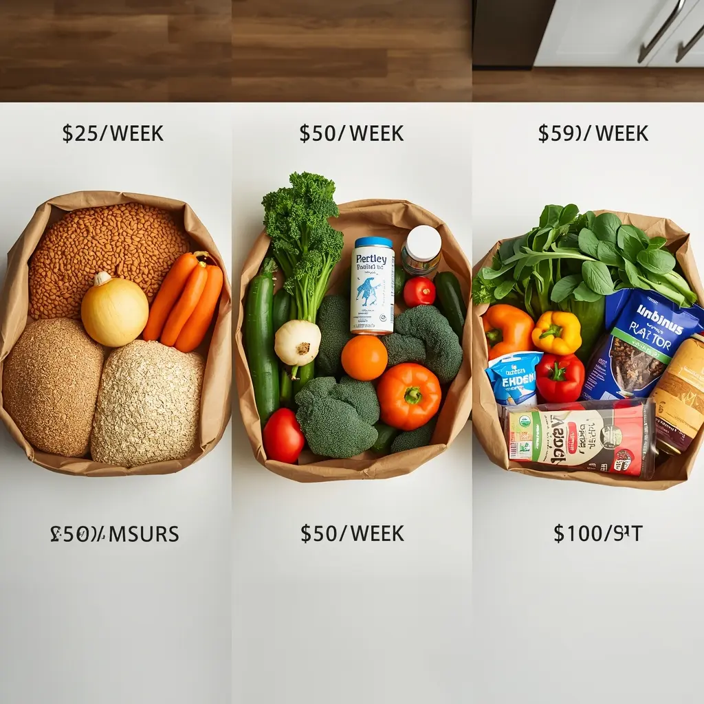 how-much-does-it-cost-to-go-vegan-per-month-three-budget-tiers-comparison how much does it cost to go vegan per month - three vegan budget tiers showing 25 dollars 50 dollars and 100 dollars per week grocery hauls side by side comparison
