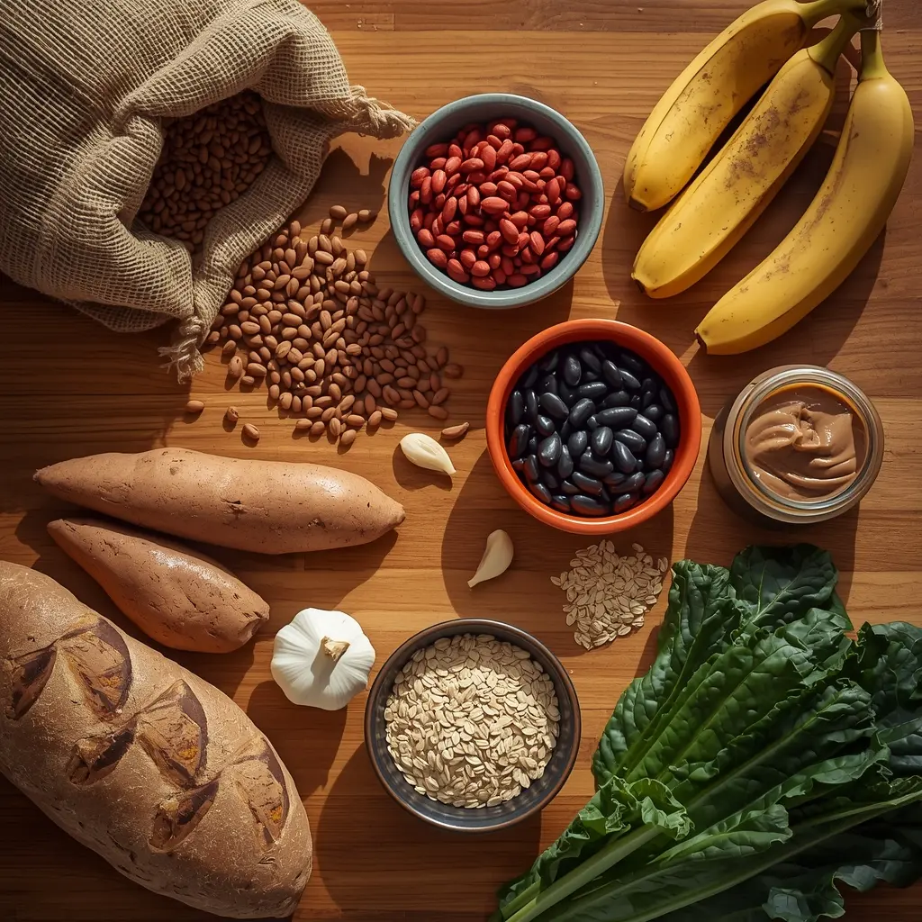 how-much-does-it-cost-to-go-vegan-per-month-vegan-groceries-lentils-rice-beans how much does it cost to go vegan per month - affordable vegan groceries including lentils rice beans oats bananas sweet potatoes and peanut butter on wooden kitchen counter