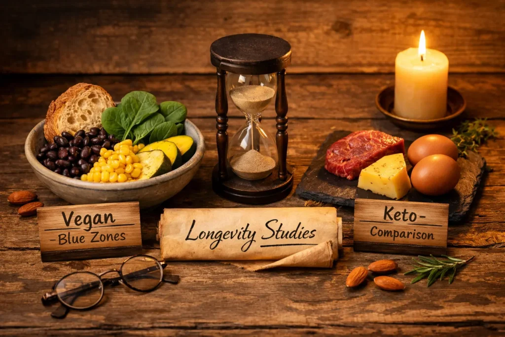 longevity-blue-zones-vegan-vs-keto-comparison1 "A Meaningful flat lay with hourglass, scroll, and reading glasses showing Blue Zones plant foods on vegan side and meat, cheese on keto side with Longevity Studies scroll representing vegan vs keto longevity comparison."