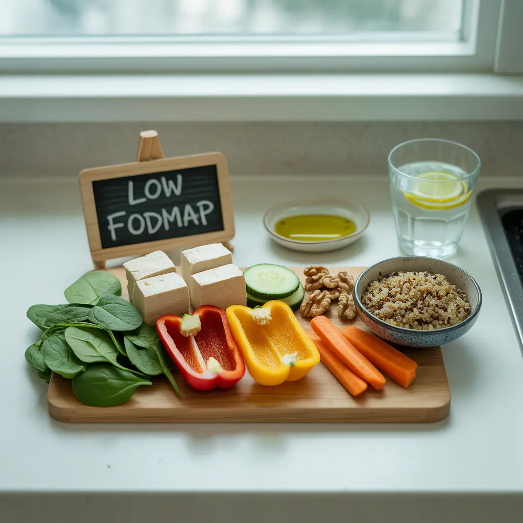 "Natural flat lay on white counter with wooden board of tofu, spinach, bell peppers, carrots, cucumber, walnuts, quinoa, olive oil, and Low FODMAP sign representing low FODMAP vegan diet."