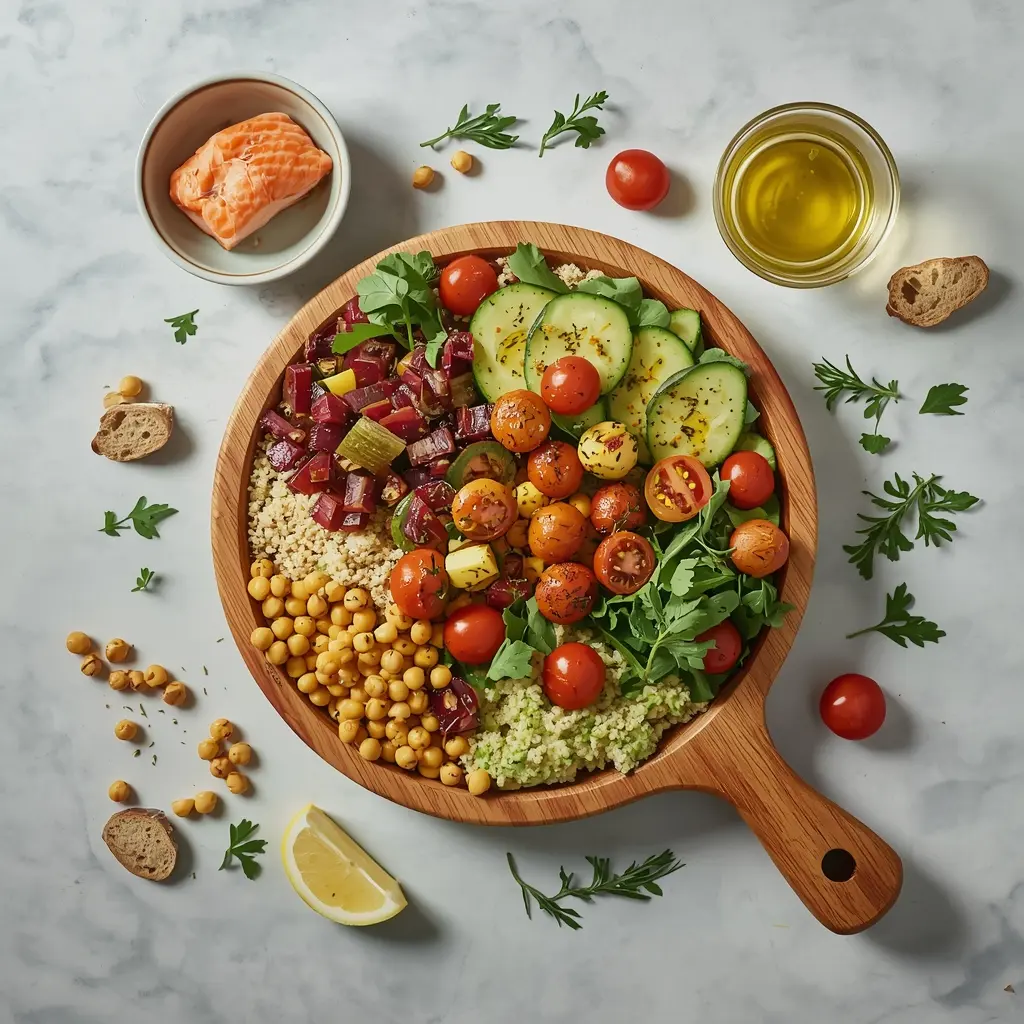 vegan-vs-mediterranean-diet-hybrid-approach vegan vs mediterranean diet hybrid approach - plant based bowl with grains legumes vegetables olive oil and small portion of salmon