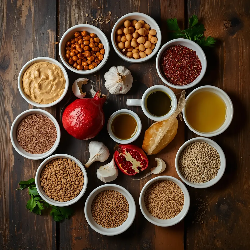 A variety of traditional Middle Eastern vegan dishes and plant-based ingredients