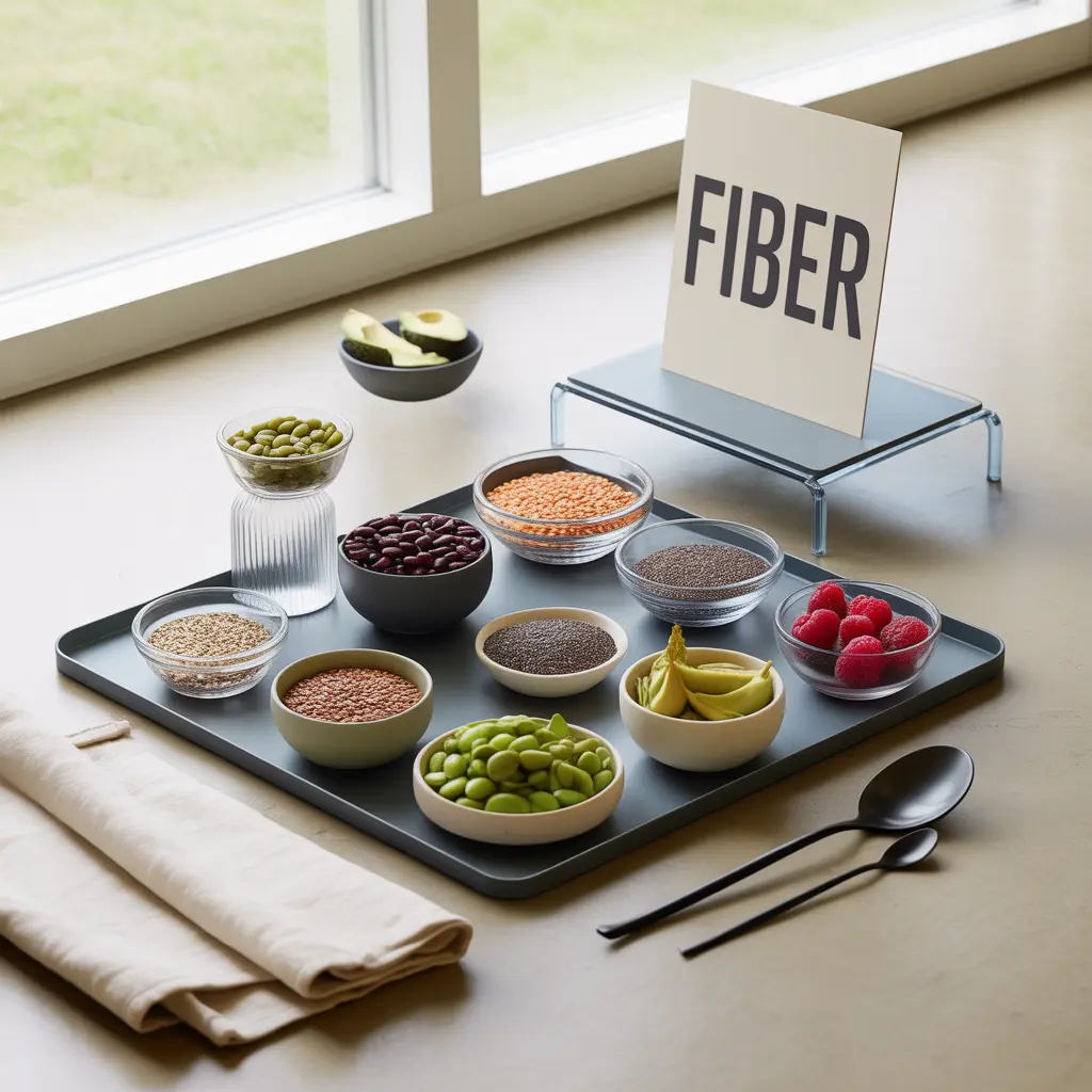 Modern high fiber vegan foods grid guide for digestive health and satiety