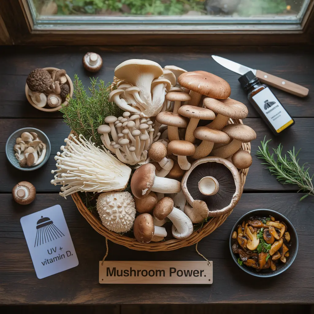 "Earthy flat lay with woven basket of shiitake, oyster, lion's mane, enoki, portobello mushrooms surrounded by dried porcini, mushroom powder, UV card, cooked mushrooms and Mushroom Power sign representing mushroom nutrition vegan."