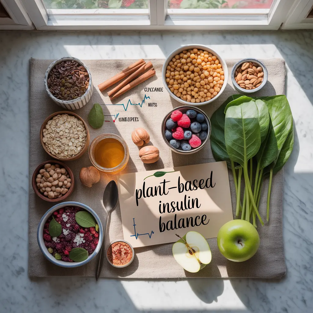 Realistic flat lay of plant-based foods that support insulin sensitivity and blood sugar control including oats, legumes, berries, cinnamon and apple cider vinegar, with a handwritten “Plant-Based Insulin Balance” note on a natural marble surface.