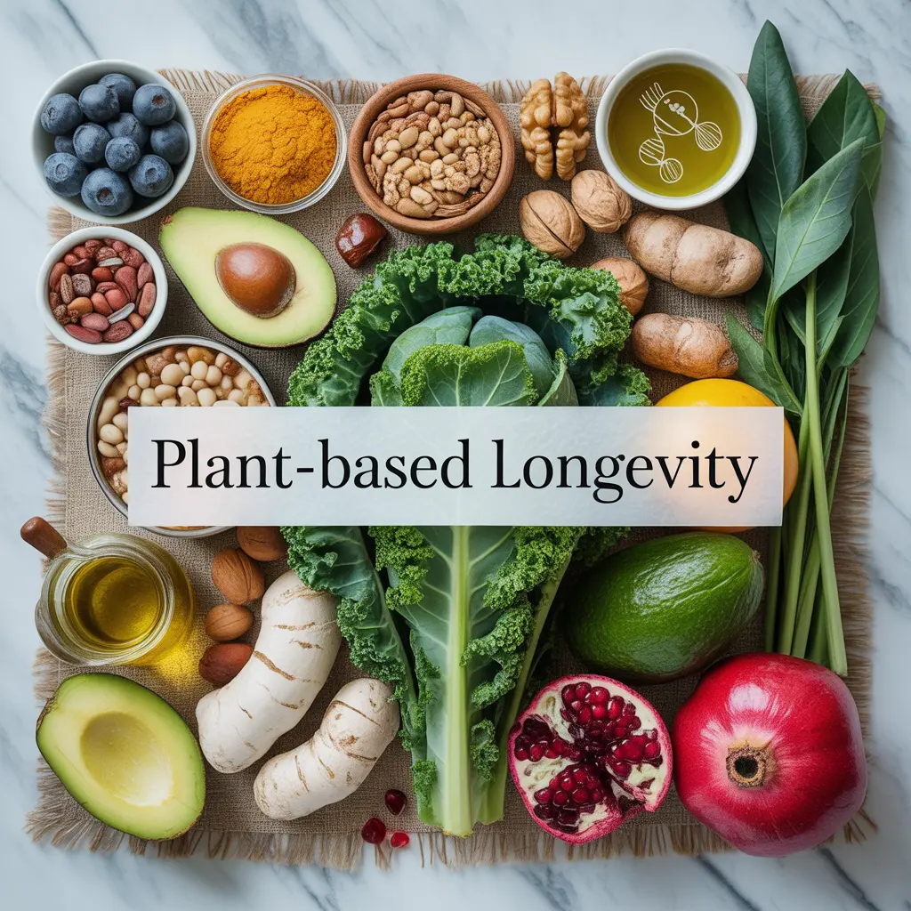 Realistic flat lay of plant-based longevity and anti-aging foods including berries, nuts, seeds, legumes, olive oil and dark chocolate arranged on a marble surface with a Plant-Based Longevity title label for a health blog feature image.