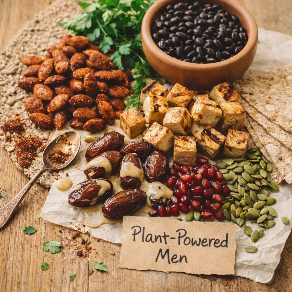 Bright square overhead photo of nutrient-dense plant-based ingredients for men's health — lentils, pumpkin seeds, pomegranate, tofu, dates, and MENA spices on rustic wood with handwritten 'Plant-Powered Men' kraft tag, natural daylight, editorial food photography style