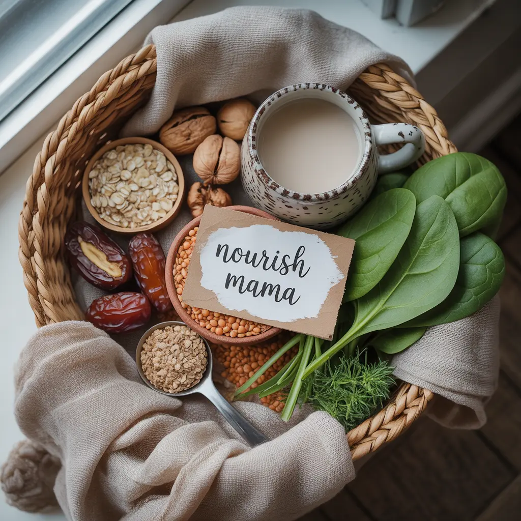 Warm square overhead photo of postpartum-supportive vegan foods in woven basket — oat milk, dates, walnuts, lentils, flax, spinach with handwritten 'Nourish Mama' watercolor tag, soft linen light, nurturing plant-based motherhood editorial photography