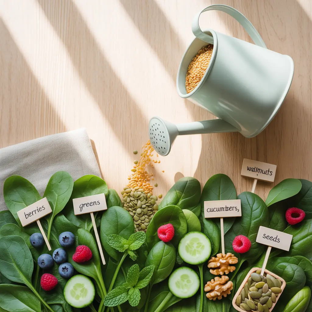 skin-health-prescription-vegan-diet-acne-remedy "Medical-style flat lay with clear prescription bottles labeled Anti-Inflammatory Rx, Zinc Rx, Antioxidant Rx, Omega-3 Rx filled with turmeric, pumpkin seeds, berries, walnuts and prescription pad reading Clear Skin representing vegan diet acne treatment approach.