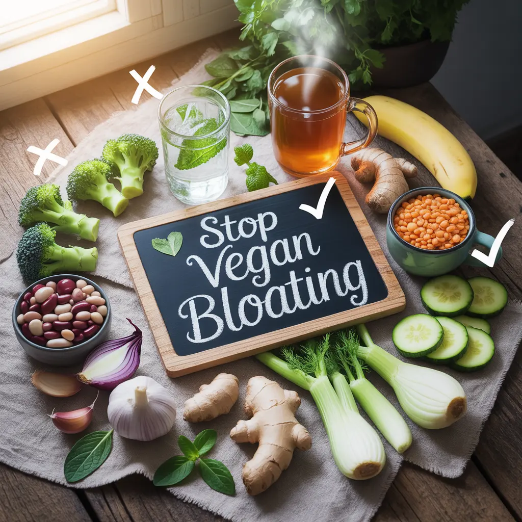stop-vegan-bloating-complete-guide-featured-image Vegan bloating won't go away "Comprehensive flat lay with chalkboard sign reading Stop Vegan Bloating surrounded by cause foods including beans, broccoli, garlic, onion, sparkling water on left and fix foods including lentils, cucumber, ginger, fennel, banana, peppermint tea on right."