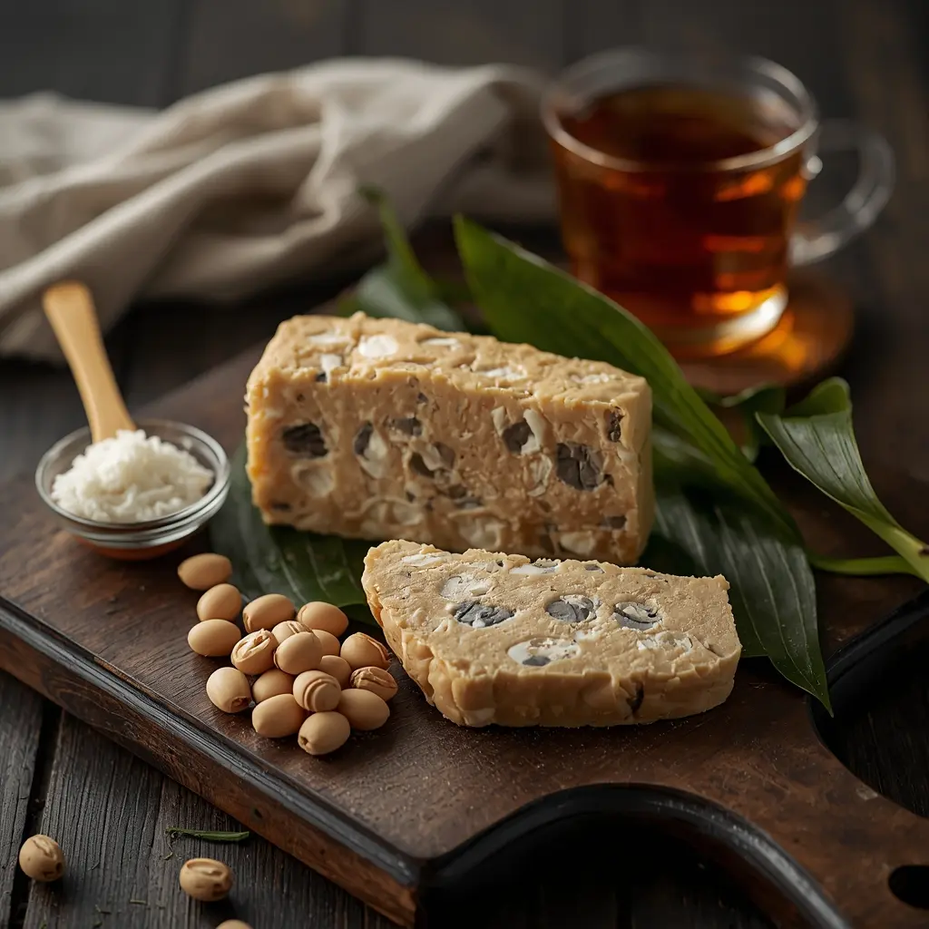 tempeh-fermentation-advantage-deep-dive "Close-up of sliced fermented tempeh on a wooden board with whole soybeans, rhizopus mold culture in a glass bowl, and banana leaf, highlighting tempeh's fermentation benefits in the tofu vs tempeh vs seitan comparison."