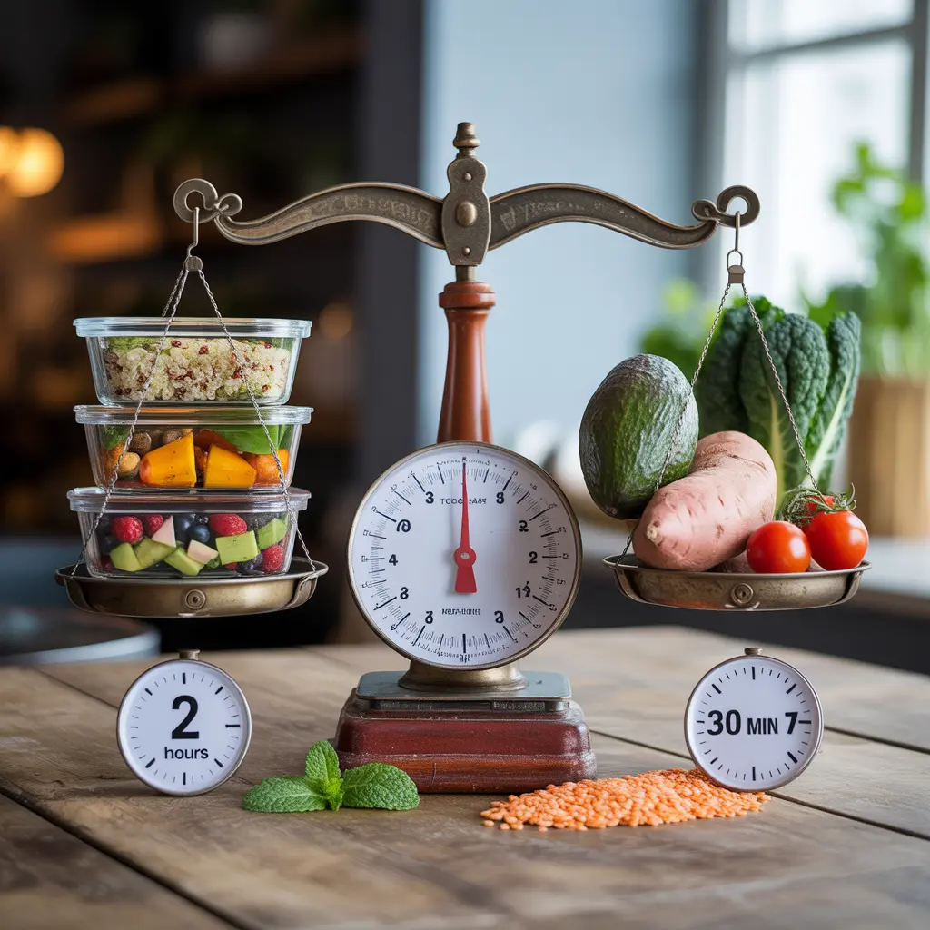 "Vintage balance scale with left side holding meal prep containers and 2 hour timer, right side holding fresh ingredients and 30 min x 7 timer representing vegan meal prep vs cooking every day time trade-off."