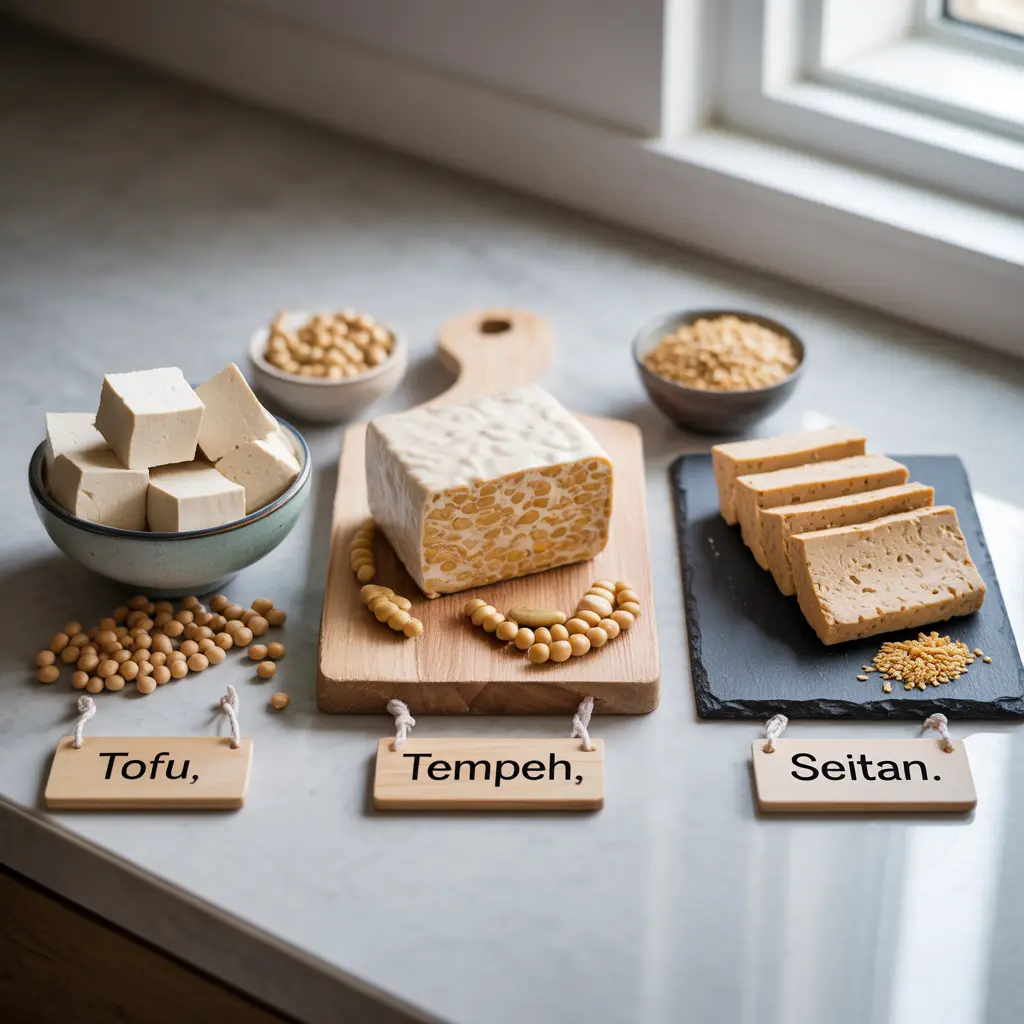 tofu-tempeh-seitan-realistic-food-photography "Flat lay comparing three vegan proteins with tofu cubes in a white bowl, sliced tempeh on a wooden board, and sliced seitan on a slate tile, each labeled with wooden tags in this tofu vs tempeh vs seitan guide."