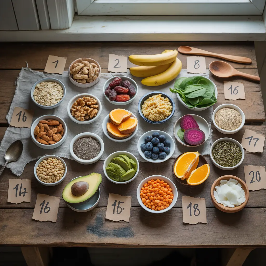 "Natural flat lay on wooden table with twenty numbered white bowls of oats, banana, dates, walnuts, almonds, pumpkin seeds, chia, quinoa, sweet potato, spinach, blueberries, chocolate, lentils, chickpeas, avocado, beetroot, orange, tahini, hemp, coconut representing top vegan energy foods."