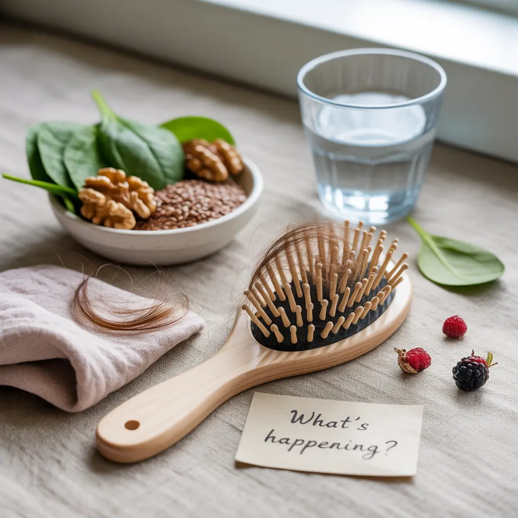 "Elegant flat lay with wooden hairbrush with hair strands, bowl of walnuts and spinach, berries, and a 'What's happening?' note, representing understanding vegan hair loss."