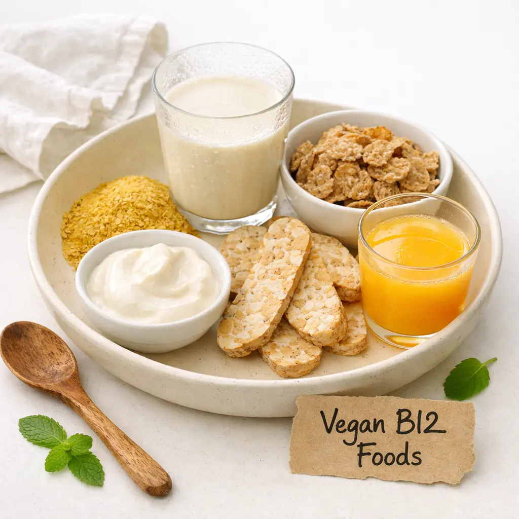 "Bright flat lay on white counter with bowl of nutritional yeast, soy milk, fortified cereal, tempeh, yogurt, orange juice, and handwritten Vegan B12 Foods label representing fortified vegan B12 sources-2."