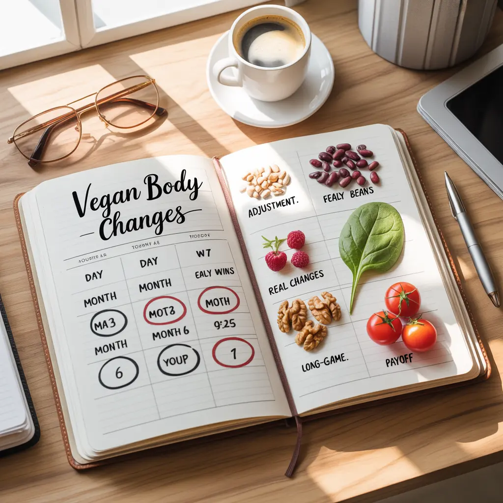 "Open planner journal with handwritten Vegan Body Changes title, circled dates Day 7 to Year 1 with notes Adjustment to Payoff, and corresponding beans, berries, spinach, walnuts, tomatoes representing vegan diet body change timeline."