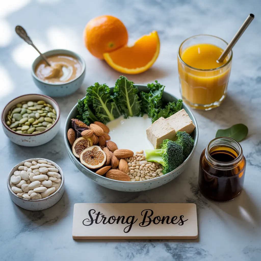 "Strong flat lay with bowl of kale, plant milk, tofu, broccoli, almonds, sesame seeds, figs surrounded by tahini, oranges, pumpkin seeds, white beans, molasses, orange juice and Strong Bones sign representing vegan bone health."