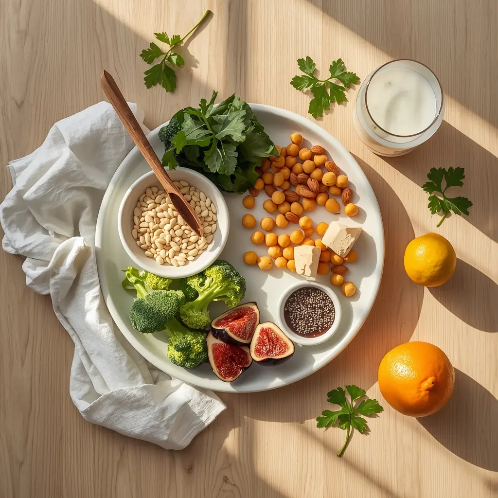 "Bright flat lay on oak table with white platter of kale, sesame seeds, almonds, tofu, chickpeas, broccoli, figs, blackstrap molasses, almond milk, chia seeds, and orange representing vegan calcium foods."