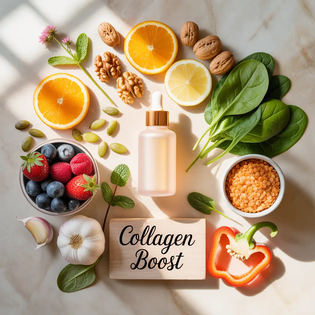 "Radiant flat lay with skincare bottle surrounded by collagen-boosting vegan foods including citrus, berries, walnuts, spinach, pumpkin seeds, garlic, bell peppers, and lentils with Collagen Boost sign representing vegan collagen boosters."