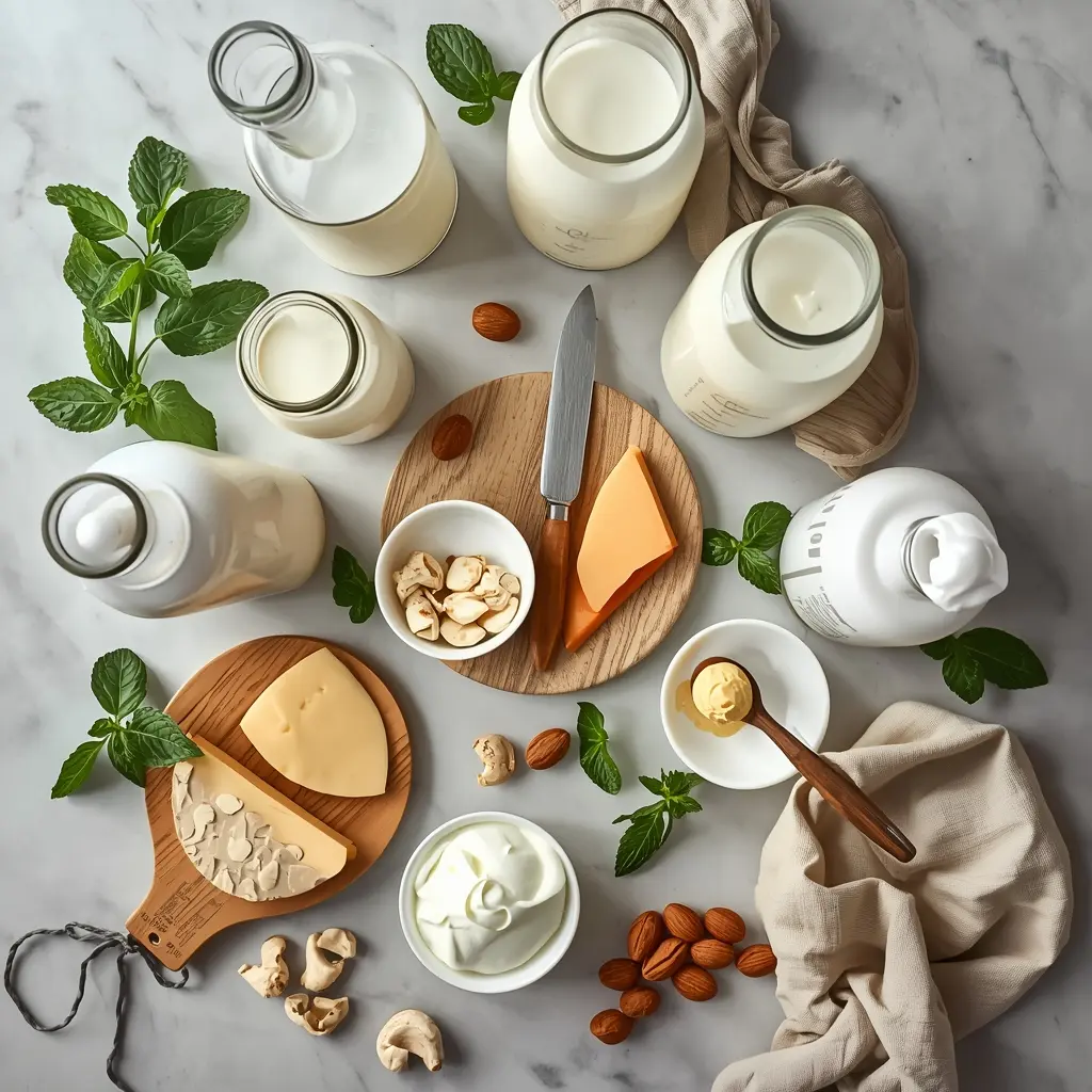 "vegan dairy alternatives guide featured image - plant milks cheese butter cream yogurt on marble"