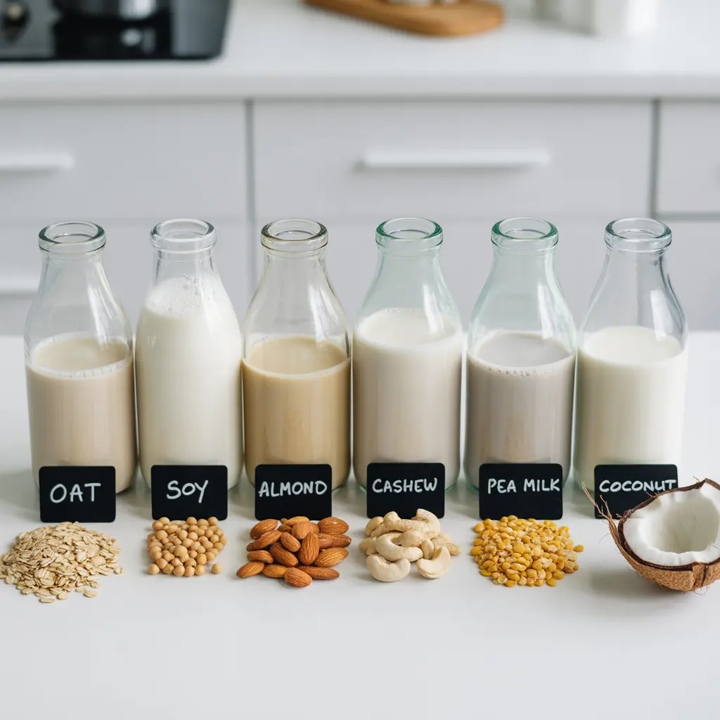 "vegan dairy alternatives guide plant milks - oat milk almond milk soy milk coconut milk cashew milk pea milk in glass bottles"