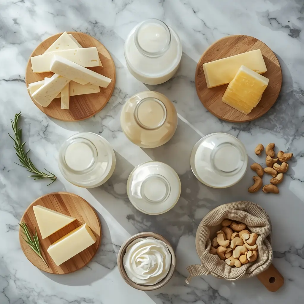 "vegan dairy alternatives guide - complete selection of plant milks vegan cheese butter and cream on marble kitchen counter"