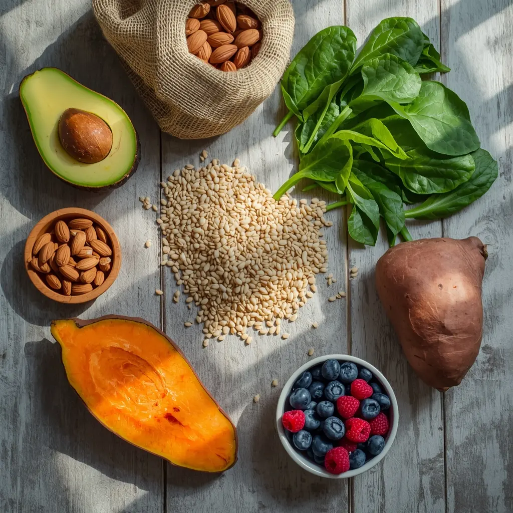"Top-down view of energy-boosting vegan foods including avocado, almonds, lentils, quinoa, spinach, and berries on a rustic wooden table, representing solutions for tiredness on a plant-based diet."