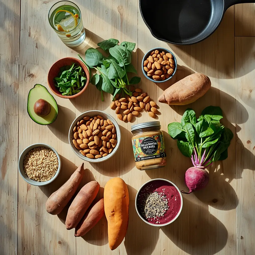Featured flat lay of diverse vegan energy-boosting foods including avocado, quinoa, lentils, spinach, sweet potato, beetroot, berries, and almonds arranged on a wooden table, representing natural solutions for tiredness on a plant-based diet.