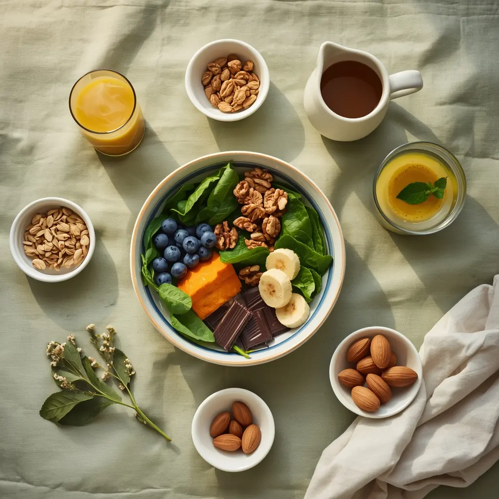 vegan-diet-for-depression-mood-foods-guide-featured "Calming flat lay on sage green linen with bowl of blueberries, dark chocolate, walnuts, spinach, pumpkin seeds, banana surrounded by lentils, turmeric milk, sauerkraut, almonds, chamomile tea representing vegan diet for depression."
