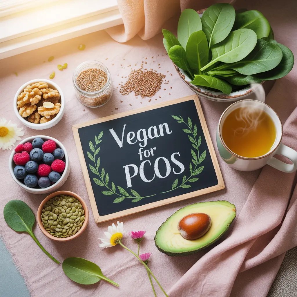 "Hopeful flat lay with Vegan Diet for PCOS chalkboard sign surrounded by berries, walnuts, pumpkin seeds, spinach, avocado, lentils, flaxseed, and spearmint tea representing a healing vegan diet for PCOS."