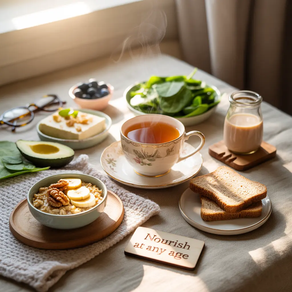 "Warm flat lay with tea cup surrounded by senior-friendly vegan foods including oatmeal with banana, soft tofu, spinach, avocado, blueberries, toast strips, and plant milk with Nourish at Any Age sign representing vegan diet for seniors."