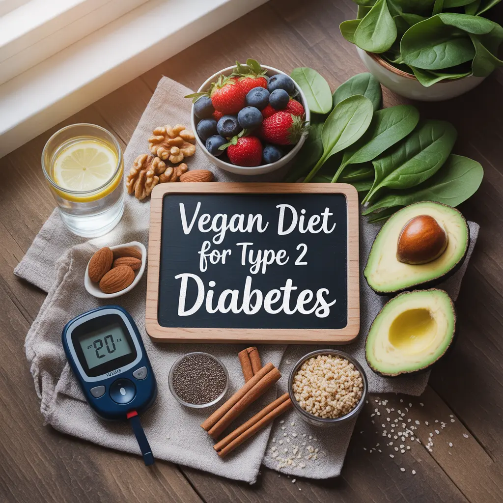 "Comprehensive flat lay with chalkboard sign reading Vegan Diet for Type 2 Diabetes surrounded by diabetes-friendly foods including berries, nuts, leafy greens, avocado, quinoa, cinnamon, and glucose meter with normal reading.