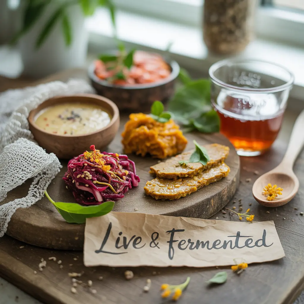 vegan-fermented-foods-probiotic-gut-health-live-cultures Bright square flat lay of vibrant vegan fermented foods — kimchi, sauerkraut, miso, tempeh, kombucha, and pickles on rustic ceramic board with handwritten 'Live & Fermented' kraft tag, natural daylight, probiotic-rich gut health editorial photography