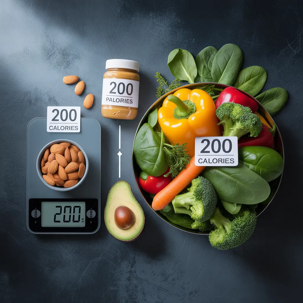 Visual calorie comparison flat lay showing a small portion of almonds next to a large bowl of vegetables both labeled 200 calories, with peanut butter and avocado, demonstrating calorie density in vegan foods.