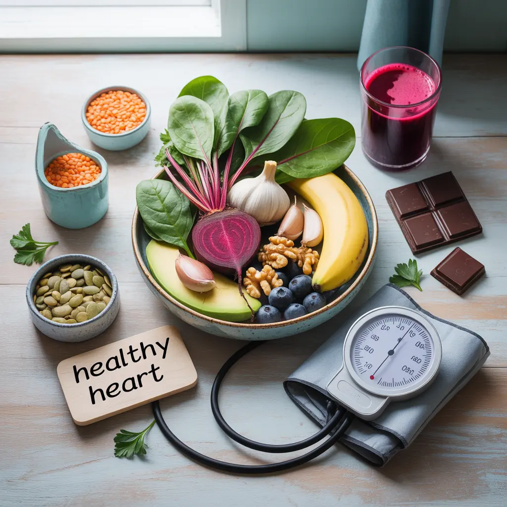 "Heart-healthy flat lay with bowl of beets, spinach, garlic, banana, avocado, walnuts, blueberries surrounded by lentils, beet juice, pumpkin seeds, dark chocolate, blood pressure cuff and Healthy Heart sign representing vegan for hypertension."