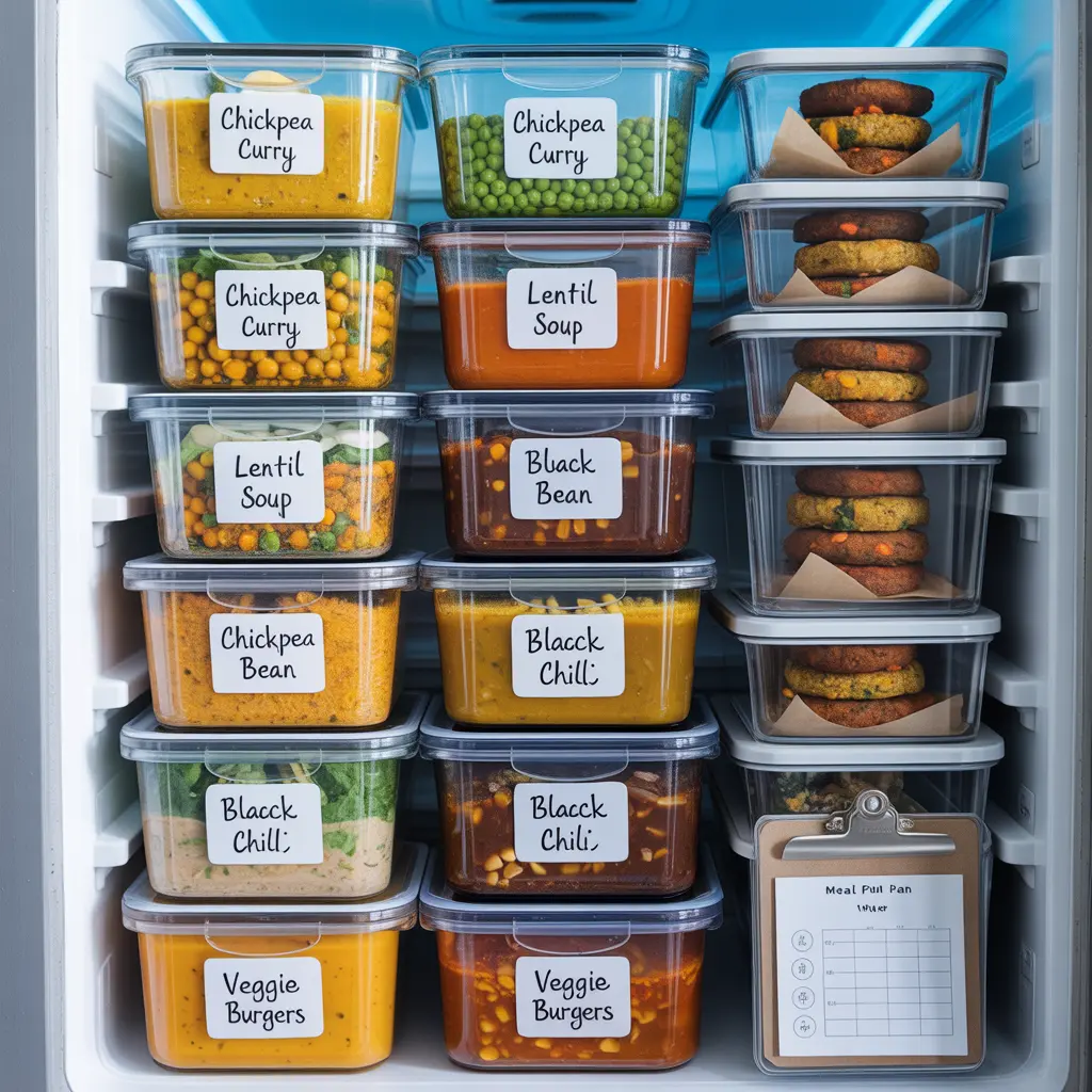 vegan freezer meals beginner - featured image showing organized freezer with labeled containers of chickpea curry lentil soup black bean chili and veggie burgers for easy meal prep